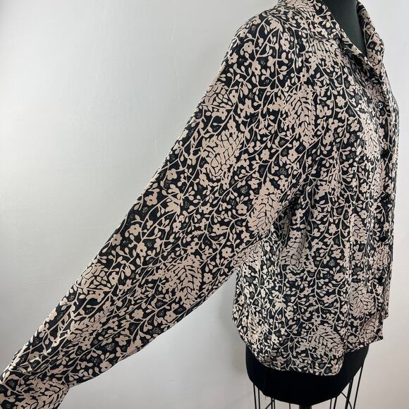 Vintage STUDIO A Tan & Black Floral 100% Silk Long Sleeve Blouse VTG Button-Up M - Picture 5 of 7
